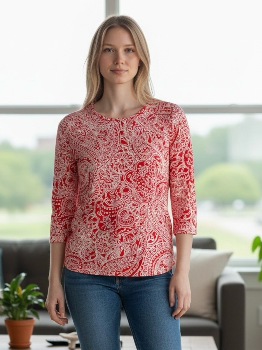 Talbots Cotton Bateau Neck Tee Red Paisley Soft Sz MP 3/4 Sleeve Preppy Casual